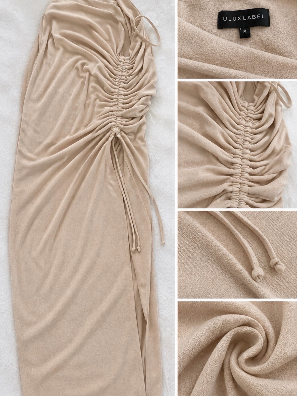 JLUXLABEL Beige Ruched Side Drawstring Maxi Skirt